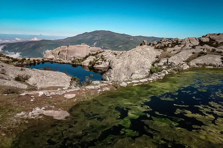 Hochgebirgslandschaft mit einem See, grünen Algen und fernen Bergen.